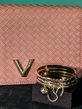 Like Dreams Valerie Woven Crossbody Bag Blush Pink & Gold Bangle Jewelry Lot NWT
